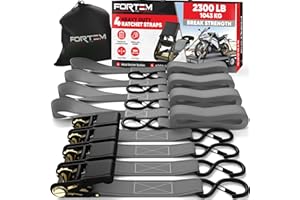 FORTEM Set de Correas de Amarre con Tensor de Trinquete, 1043 kg al Rompimiento, 4 Ganchos de Acero Plastificado, 4 Correas de 4.5m, 4 Hebillas (Gris)