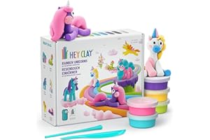 Hey Clay Regenbogen-Einhörner 15 Dosen Set - Buntes Modellier-Set für Kinder mit lufttrocknender Knete 15 Dosen mit Modellierwerkzeugen und lustigen interaktiven Anleitungen