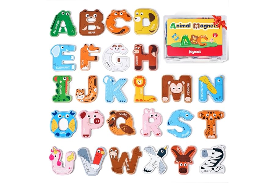 JoyCat Wooden Thick Alphabet Magnets for Toddlers Fridge Large Size Cute Animal Colorful ABC Magnetic Letters 26 Uppercase Letters Educational Toy Set for Kids Toddlers Preschool Learning Spelling