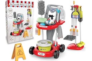 Teorema Giocattoli, Carrello per Bambini con Stand Porta Attrezzi, Set Pulizie Completo con Aspirapolvere Giocattolo a Batteria Funzionante, Scopa, Mocio e Tanti Accessori, Gioco di Imitazione, 58cm