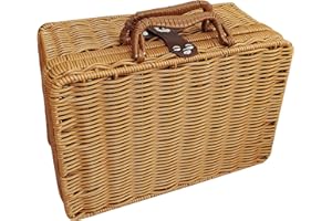 JOROBURO Retro Plastic Wicker Suitcase, Willow Handwoven Storage Bins with Handles, Rustic Wicker Picnic Basket for Outdoor Party