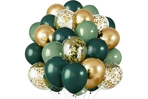DOOFE Green and Gold Balloons, 60pcs Dark Green Metallic Gold Latex Balloon Set with Golden Confetti Balloons, Sage Jungle Theme Party Balloon Decoration for Birthday Christening Anniversary Baby Shower