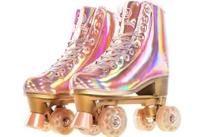 JajaHoho Roller Skates for Women, Holographic High Top PU Leather Rollerskates, Shiny Double-Row Four Wheels Quad Skates for Girls and Age 8-50 Indoor (Pink Rose Gold)