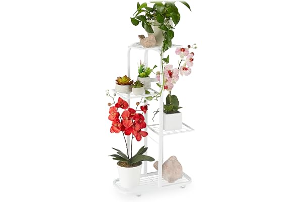 Relaxdays blomstertrappa i metall, vit | 4-stegs blomstativ för inomhus & utomhus, HBT: 81 x 44 x 24,5 cm, växtställ