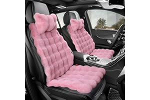 ELE ELEOPTION Luxury Plush Car Seat Cushion Set, Soft Fluffy Warm Faux Rabbit Fur Non-Slip Front and Back Seat Covers Fuzzy Car Seat Cushion for Winter Universal Fit (Pink, Front Seat Covers & Neck Pillows( 6pcs))