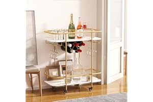 DAWNYIELD 2 Tier Mobile Drinks Trolley Bar Serving Cart on Wheels with Wine Rack and Glass Holder Modern Rolling Drinks Storage Trolley for Home Kitchen Party (Gold)