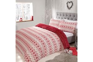 Sleepdown Fairisle Printed Flannel Fleece Abstract Stripes White Red Reversible Duvet Cover Quilt Bedding Set with Pillowcases Super Soft Warm & Cosy - Double (200cm x 200cm)