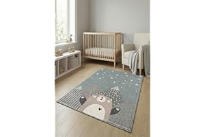 ‎JIMRI Jimri Teppich Kinderzimmer - Teppiche für Kinderzimmer, Kinderteppich Junge, Kinderteppich mit Bergen, Bär, Panda, Sterne, (Türkis-Beige, Größe: 120x170 cm)