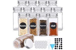 JOSPL Juego 14 Tarros Especias 120ml Tarros de Cristal con Tapa,Organizador Especias con Etiquetas,Tapas Herméticas y Embudo, Organizador de Cocina para Especias y Hierbas Cocina Condimentos