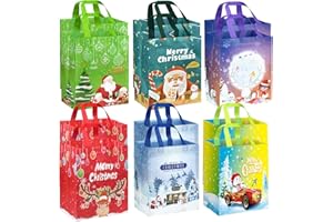 DECHISY 12 Stück Geschenktüten Weihnachten, Non Woven Weihnachtstüten mit Griffen, Weihnachtsgeschenktüten mit 6 Designs, Wiederverwendbare, Zur Aufbewahrung von Geschenken, Partyzubehör 27×20×10.2 cm