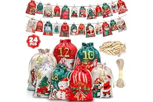 EOPUOZS Calendrier de l'Avent à Remplir, 24 Calendriers de Noël à Remplir, Calendrier de l'Avent 2026 Enfants avec Ficelle et 24 Pinces, Sac en Tissu DIY Sacs Calendrier de Noël (2 tailles)