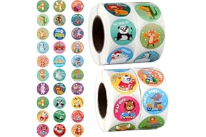 RVLZKCPG 2000 sztuk naklejek nagradzających dla dzieci, motywacyjne okrągłe naklejki nauczyciela, 32 wzory, samoprzylepne naklejki ze zwierzętami, rolka na imprezę, do szkoły, domu (0,98 cala)