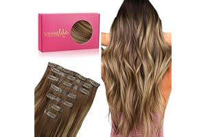 WENNALIFE Extension à Clip Sans Couture, 55cm 7pcs 150g Balayage Brun Chocolat à Blond Caramel Extension a Clip Cheveux Naturel Extension Cheveux Naturel Clip Remy Extensions Cheveux Naturels à Clips