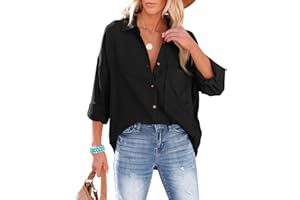 NONSAR Bluzka damska luźna koszula z dekoltem w serek, 100% bawełna, luźny krój, solidna, gruba górna część z kieszenią