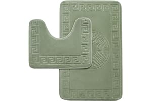 GC GAVENO CAVAILIA Memory Foam Bath Mat Non Slip - Extra Soft Highly Water Absorbent Bathroom Mat Sets 2 Piece - Greek Toilet Rug (50 x 80 cm) & Pedestal Set (50 x 40 cm) - Washable - Sage Green