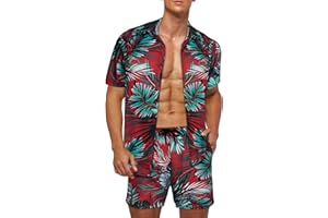 Wirltte Men's Hawaiian Shirt and Shorts Set Tropical Floral Beach Shirt Set Casual Aloha Hawaiian Short Sleeve Suits Summer Party Button Down Flower Shirt 2 Piece Outfits
