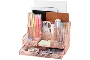 Dadanism Organizer na biurko, uniwersalny, z siateczki, metalowy organizer biurowy z szufladą i 7 przegródkami, uchwyt na długopisy, organizer na biurko, do domu, szkoły, biura, akcesoria, różowe złoto