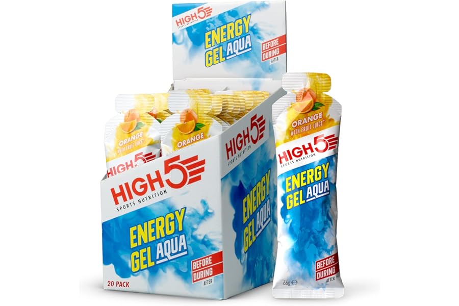 HIGH5 Aqua Running Gels Energy - Running Essentials for Quick Release Energy - Natural Fruit Juice & No-Caffeine - Ideal as Running Equipment, Cycling Supplements, Marathon Training (Orange, 20 x 66g)