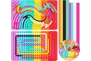 AUAUY Sensory Activity Board for Stress Relief, Silicone Calm Down Fidget Toy, Double-sided Design Sensory Board with Portable Bag & 20 Strings, for Kids 3+ & Adults Travel Calming & Autism, Colorful