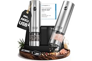 LEBENLANG Salz und Pfeffermühle Elektrisch - Wiederaufladbar & Viel Zubehör I Batterie Set I Pfefferstreuer Pfeffer und Salzmühle für grobes Salt