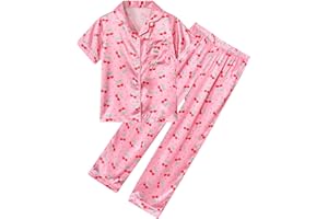 Fanient Girls Silk Pyjamas Set Colorful Printed Sleepwear Button-Down Pjs Short Sleeve Satin Nightwear for Girl 7-14 Years