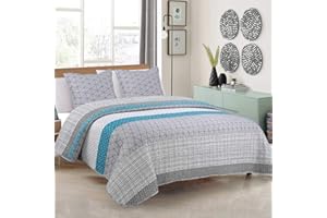 ‎EUROMAT Euromat Tagesdecke Steppdecke Bettüberwurf Gesteppte Tagesdecke mit 2 Kissenbezüge 40x40 cm- (Grau Weiß Türkis- Mosaic, 220x240 cm)