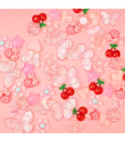 Set De 60 Charms Roses Pour Slime Et Coque Téléphone - Charms Résine, Papillons, Cœurs - Boîte Rangement, DIY, Décoration