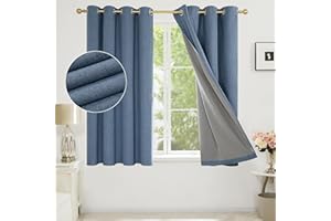 Deconovo Full Blackout Curtains Thermal Curtains, Energy Saving Faux Linen Curtains with Coating, Full Light Blocking Eyelet Curtains for Nursery, 46 x 54 Inch(Width x Length), Blue, One Pair