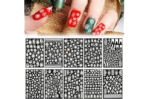 DTYGUIXE Pegatinas Navideñas para Uñas - 10 Hojas 3D Autoadhesivas y Semipermanentes - Motivos de Copos de Nieve, Corazón, Líneas, Lazos y Ciervo
