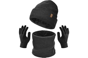 FURTALK Unisex Winter Beanie Mütze Schal und Handschuhe im 3er-Set Herren Damen Wintermütze Winterschal Touchscreen Handschuhe mit weiches Fleecefutter