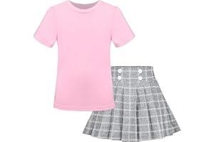 SUNNY FASHION Girls 2 Piece Set Skirt T-Shirt Crop Rib-Knit Plaid Casual School Age 4-10 Years