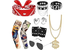Hysagtek Punker Kostüm Zubehör, 11 Stück Punk Gothic Rocker Kit, Rocker Outfit Herren mit Punk Bandanas Handschuhe Punk Kette und Arm Fake Tattoo ärmel Cover, Karneval Party Schwermetall Disco
