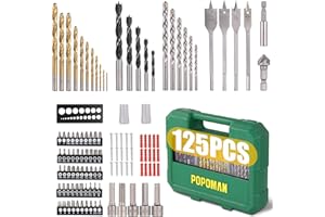 TECCPO Set di Punte per Trapano 125 Pezzi, POPOMAN Punte Trapano - include 11x Punte Metallo, 6x Punte per Parete, 5x Punte per Legno Normali e 4x Piatte, 5x Bussolotti, 59x Accessori per Avvitare MTH400