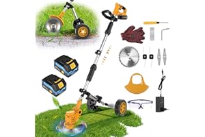 FOVENDI Decespugliatore a Batteria 21V con Ruota Ausiliaria Rimovibile e 2 Batterie, 650W Tagliabordi a Batteria con 5 Lame, Testata Regolabile e Maniglia Telescopica, Tagliabordi Elettrico per Giardini