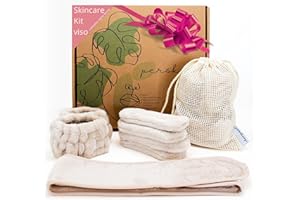 Perskeep - Skincare kit viso. Dischetti struccanti riutilizzabili, polsini skincare, fascia capelli skincare. Sacchetto kit viaggio. Skin care coreane, cofanetto regalo donna originale utile.