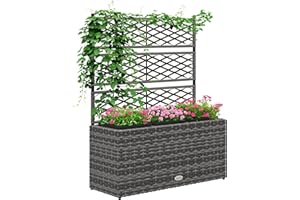 Outsunny Jardinière pour Plantes avec Treillis 3 Pots bacs à Plante jardinière 33L Jardin Balcon Patio terrasse extérieur en résine tressée et Acier 84 x 30 x 107 cm Gris Noir