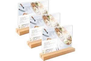 AZKEEGREY 3 Pack Landscape Menu Holder A5 Acrylic Poster Menu Holder for Tables Wooden Base, Acrylic Sign Holders A5 Acrylic Stands for Display, A5 Horizontal
