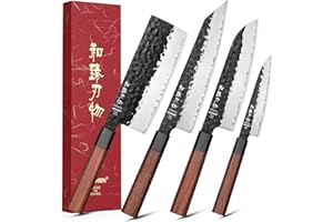 HEZHEN Juegos de Cuchillos de Cocina 4 Piezas, Acero Forrado Nakiri Cuchillo Chef Santoku Universales, Mango Octogonal de Madera