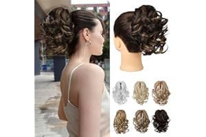 REECHO 9" Short Ponytail Extension, Classic Loose Curly Wavy Claw Clip Pony tails Hair Extensions HP001 Hairpieces for Women - Dark Brown with Highlights