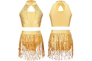 iEFiEL Girls Sequins Latin Rumba Tassel Dance Dress Crop Top with Skirt Lyrical Dancing Outfit Jazz Dancewear
