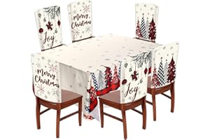 Hahafelt 7 Pcs Christmas Chair Protector Cover and Tablecloth Set Stretch Removable Washable 60"x84" Table Cover and Christmas Seat Slipcover for Home Hotel Dining Room Banquet Wedding Party (Classic)