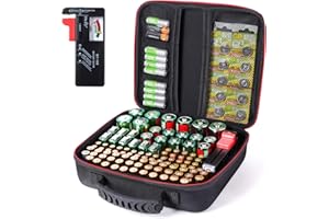 Boîte de rangement pour piles avec testeur de piles BT168, boîte de rangement rigide pouvant contenir 104 piles de différentes tailles (AAA, 9 V), organiseur de piles Glamgen (piles non incluses)