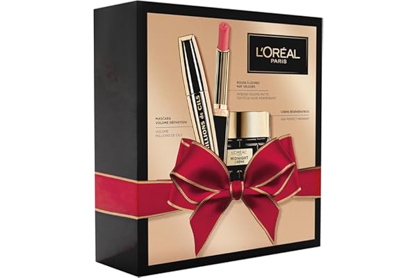 L'Oréal Paris - Coffret Cadeau de Noël - 3 Produits - Crème Anti-Rides, Mascara Volume Millions, Rouge à Lèvres Mat