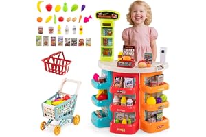COSTWAY Köpbutik med kundvagn, barnköpbutiker med våg, hyllor, skanner med ljus och ljud, stormarknad inklusive spelmat och t