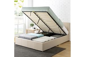 Zinus Maddon Letto 160x190 cm - Struttura letto 31 cm di altezza con contenitore sotto il letto - Ottomano Sollevamento a gas Struttura del letto imbottita con contenitore - Beige