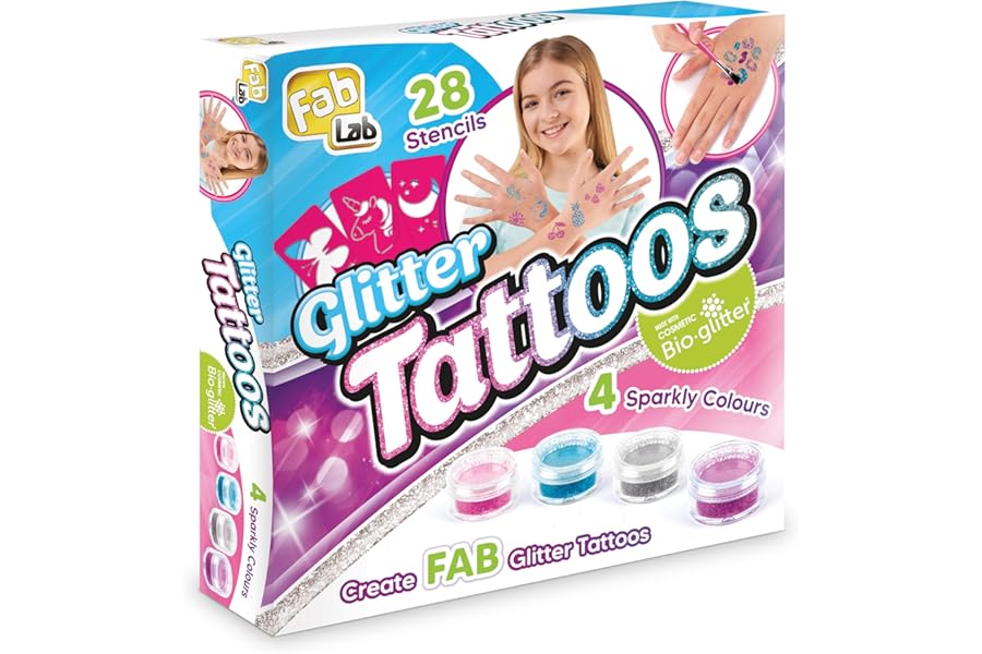 FabLab Glitter Tattoos | Create FAB Glittery Kids Tattoos! | Includes 28 Stencils and 4 Sparkly Colours of Bio-Glitter | Girls Gifts for Ages 8+