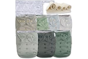 Nora's Nursery Cloth Diapers 7 Pack with 7 Bamboo Inserts & 1 Wet Bag - Waterproof Cover, Washable, Reusable & One Size Adjustable Pocket Diapers for Newborns and Toddlers - Morning Dew