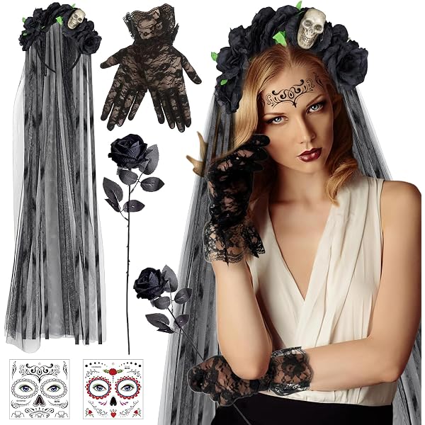 Costume Dia De Los Muertos Pour Femme - Serre-tête Avec Voile Et Rose Noire, Tatouages Temporaires, Gants Dentelle - Pour Halloween, Fêtes Mexicaines - 4