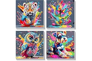 FLAJZ Malen Nach Zahlen Kinder, 4 Stück Tiere Malen Nach Zahlen mit Rahmen ab 5 6 7 8 9 10 11 12 Jahre Mädchen und Junge, Farbiges Leinwand Acrylfarben DIY Ölgemälde Set zur Heimdekoration, 20x20cm