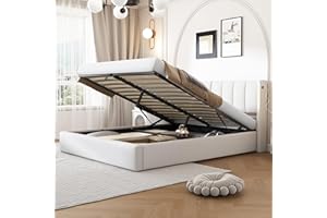 Rtopsu Letto Imbottito Matrimoniale 140x200 cm con USB Type C e LED, Letto Idraulico con Contenitore, Rete a Doghe e Telaio in Metallo, Testata Regolabile, PU, Bianco, Senza Materasso